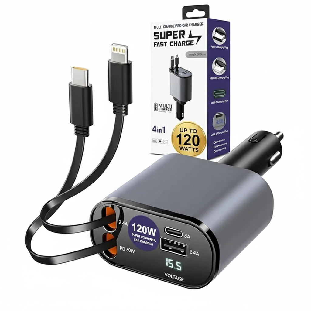 Renge Store – 120W 4-In-1 Retractable Car Charger