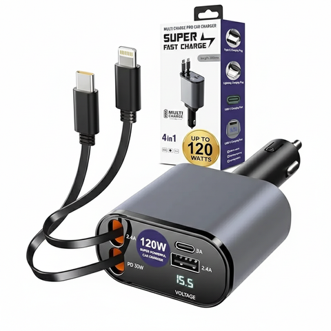 Renge Store – 120W 4-In-1 Retractable Car Charger