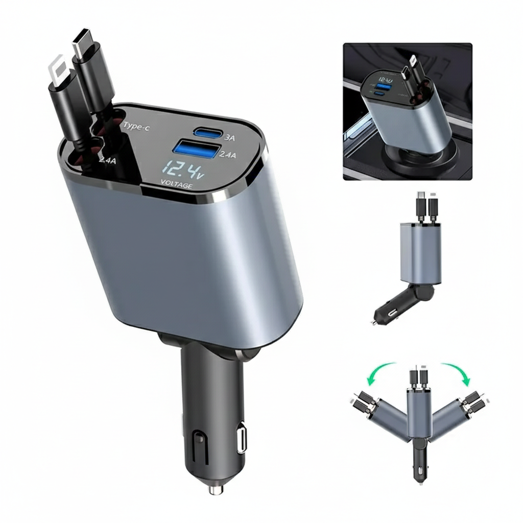 Renge Store – 120W 4-In-1 Retractable Car Charger