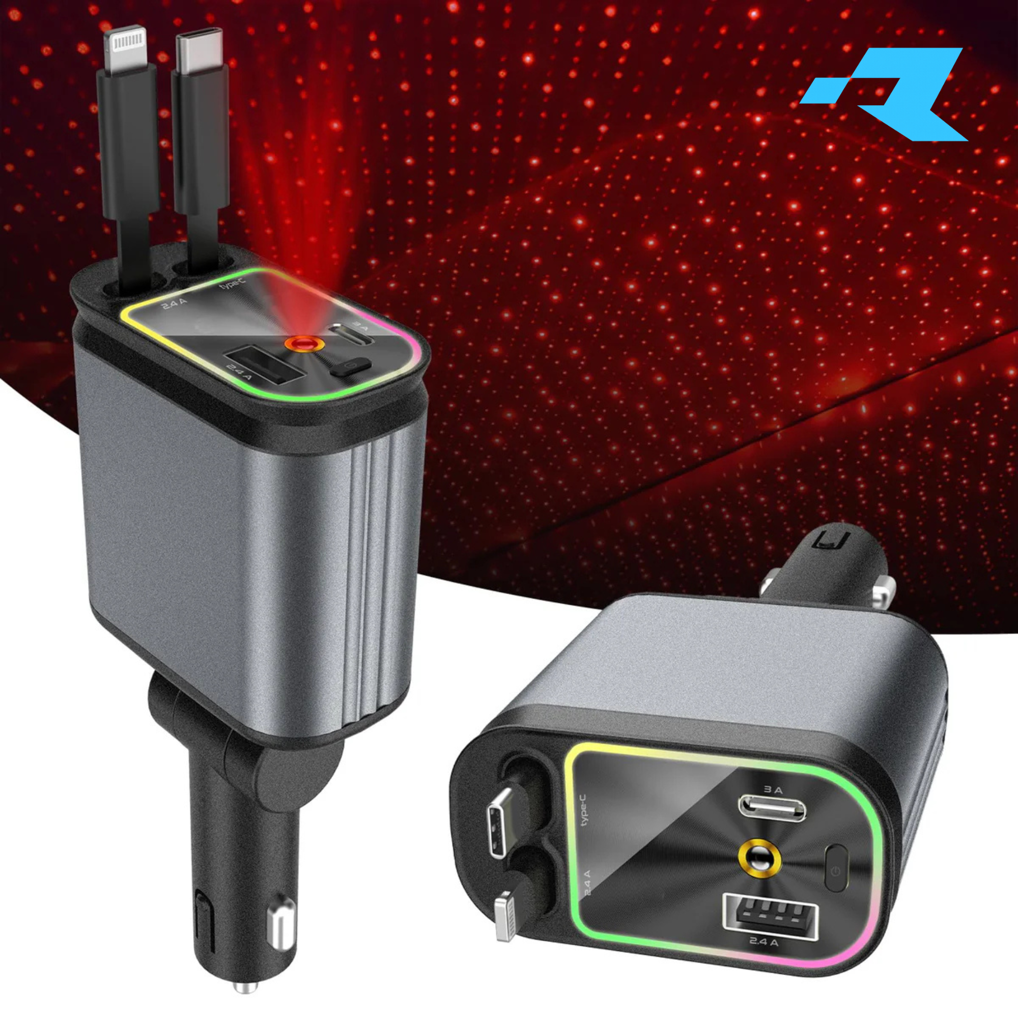 Renge 5in1  Retractable Car Charger with Star Projection Night Light