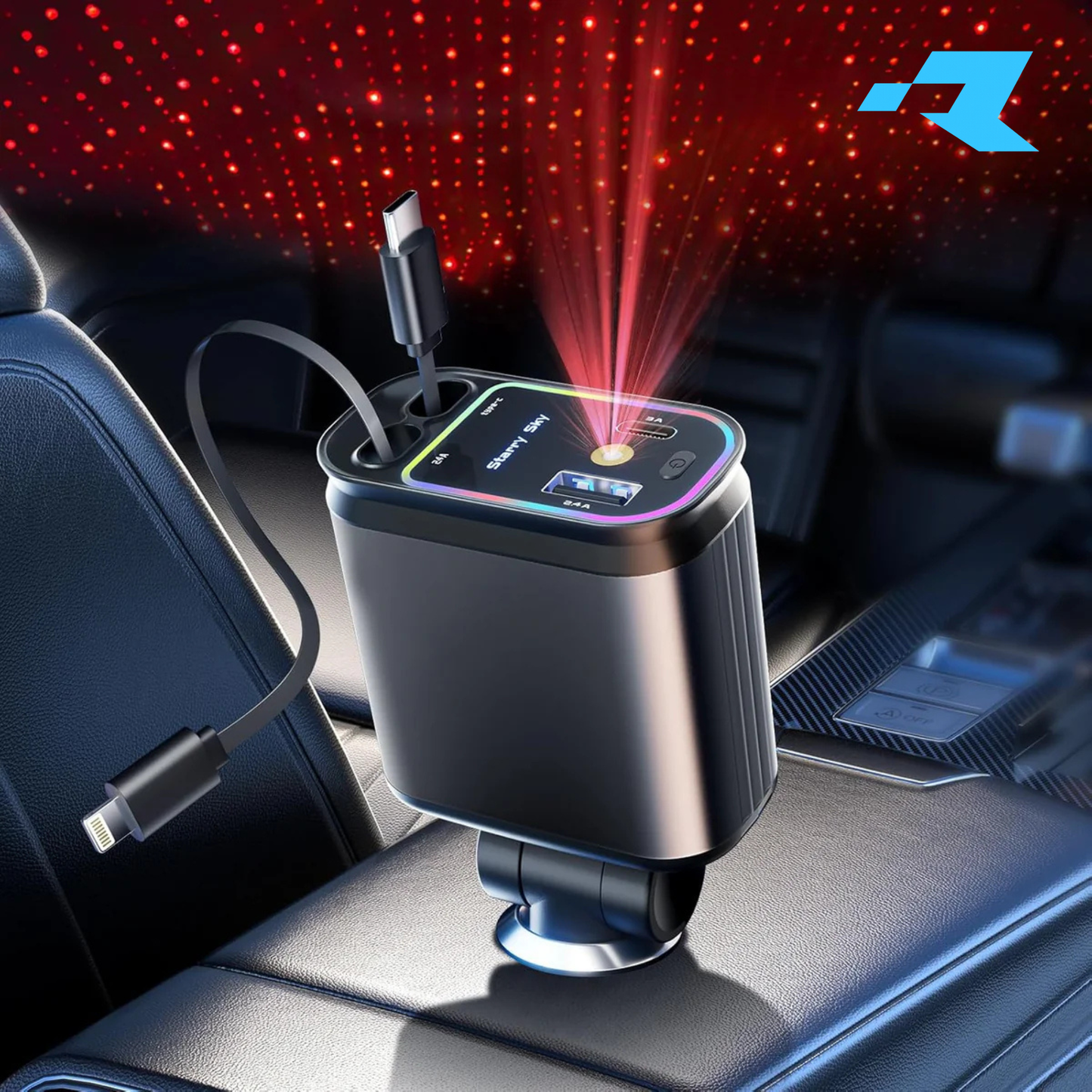 Renge 5in1  Retractable Car Charger with Star Projection Night Light